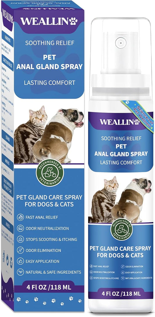 WEALLIN Anal Gland Spray for Dogs Cats - Fast Anal Gland Relief Stops Scooting & Itching Odor Elimination Anti Itch Dog Spray Pain Relieving Safe for All Animals - 4.06 FL OZ