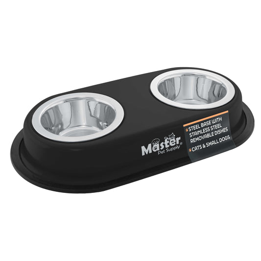 Master Pet Supply Double Dog Bowls Set with Elevated Base and 2 (8 oz) Stainless Steel Removable Dishes (Black Velvet) – Double Cat Food Water Bowl, Dog Puppy Food Bowl Set, Rust Resistant