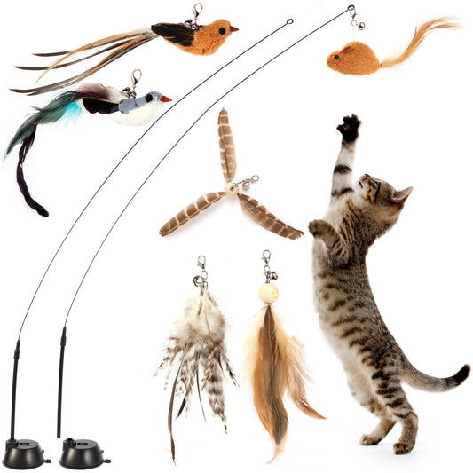 Maiguangta Interactive Bird Simulation Cat Toy Set, Cat Wand Toys, Self-Holding Suction Cups Base, Includes 6 Detachable Replacement Feather Toys