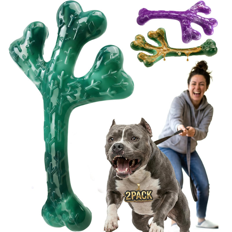 Frienhund 2 Pack Indestructible Dog Chew Toys for Aggressive Chewers - XL Textured Cactus with Grooves for Peanut Butter & Yogurt, Beef Nylon Bones for Large Dogs 20-90 lbs, Easy Chew & Long Lasting