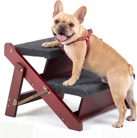 MEWANG Wooden Pet Stairs/Pet Steps - 2-in-1 Foldable Stairs & Ramp for Beds and Cars - Portable Dog/Cat Ladder Up to 110 Pounds - Great for Small and Older Animals(Brown) (17.3" L x 17.24" W x 13" H)