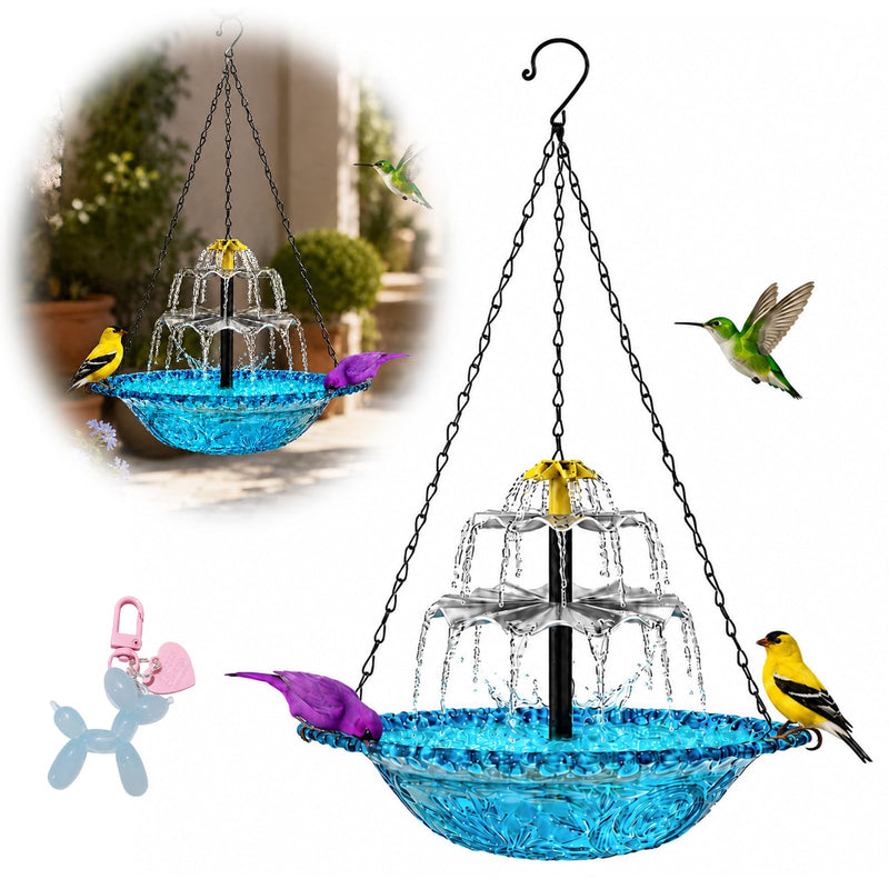 Hanging Bird Bath with Textured Bowl and Metal Chains, Solar Fountains with Cascade Flow for Outdoor Garden, Patio, and Yard Decor (Blue(XL))