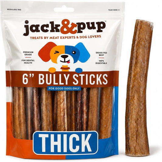 Jack&Pup 6 Inch Bully Sticks for Dogs (5 Pack) Extra Thick Long Lasting Dog Chews, Single Ingredient, 100% Beef Bully Sticks for Large Dogs