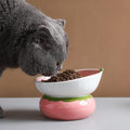 Yeexoxow Ceramic Raised Cat Bowl - Pink Elevated Food Bowl for Indoor Cats, Anti-Vomiting & Spine Protection, Cute Tilted Dish for Flat-Faced Cats and Kittens (Strawberry Shaped)