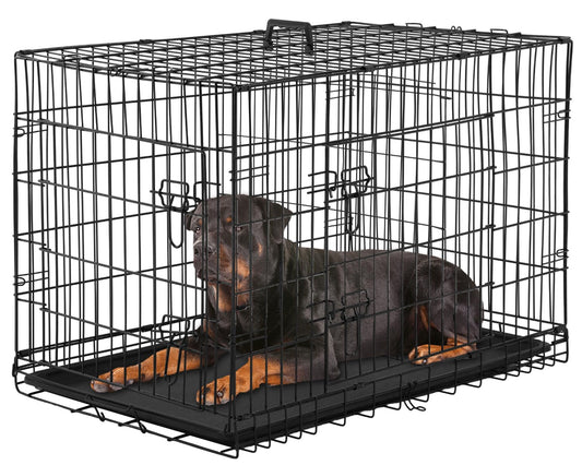PayLessHere Large Dog Crate Kennel for Medium Large Dogs Metal Dog Cage Double-Door Folding Travel Indoor Outdoor Puppy Playpen with Divider and Handle Plastic Tray (42 Inch, Black)
