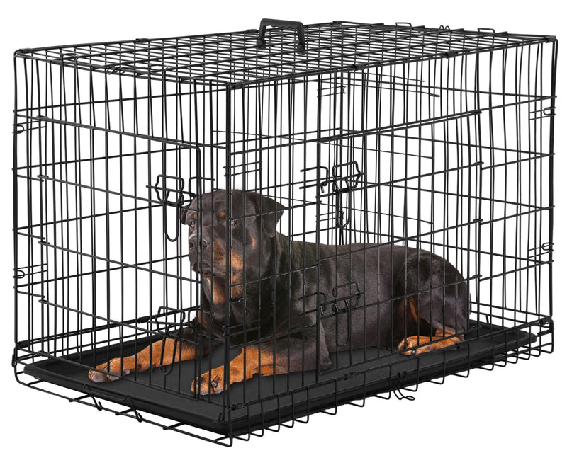 PayLessHere Large Dog Crate Kennel for Medium Large Dogs Metal Dog Cage Double-Door Folding Travel Indoor Outdoor Puppy Playpen with Divider and Handle Plastic Tray (42 Inch, Black)