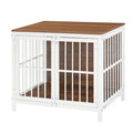 HOOBRO Heavy Duty Dog Crate Furniture, 31.5" Wooden Indoor Kennel with 3 Doors, Chew Resistant Metal Cage for Small and Medium Breeds, Dog Crate Side Table, White and Walnut