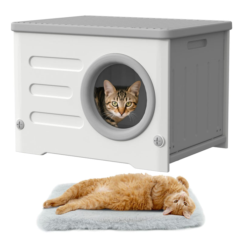 WOWOTOZN Outdoor Cat House Weatherproof, Insulated Heavy-Duty Plastic Feral Cat Shelter, Elevated Stackable Cat House for All Seasons Indoor Outdoor with Cozy Cushion (Grey and White)