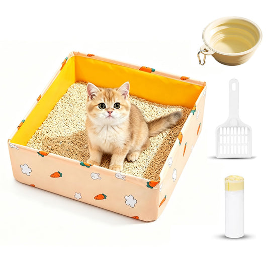 SAVEPE Portable Collapsible Cat Litter Box for Travel, Leak-Proof, 15.7x15.7x6 Inch, with 10 Disposable Liner Bags & 1 Litter Scooper & 1 Bowl (Small)