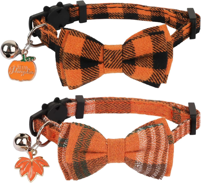 PTDECOR Fall Cat Collars with Bow, Thanksgiving Orange Plaid Cat Collars