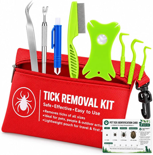 Tick Removal Tool 10 in 1 – Tick Remover Set for Humans, Dogs & Cats, with Stainless Steel Tick Tweezers, Tick Card, Hoo