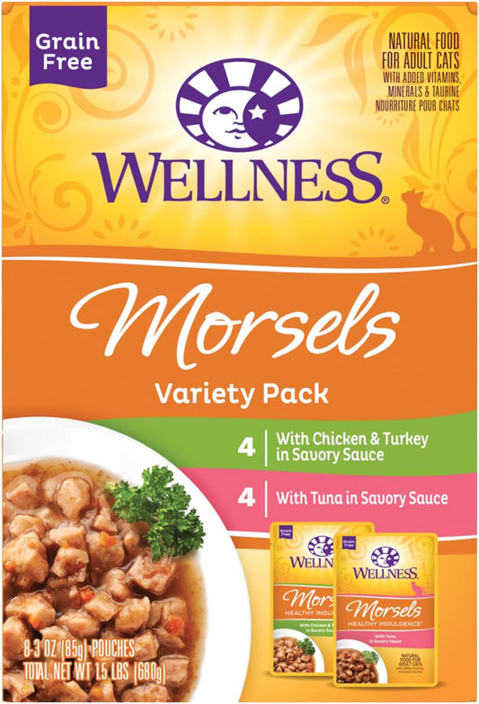 Wellness Healthy Indulgence Morsels Variety Pack Adult Wet Cat Food, Natural, Protein Rich, Grain Free, 2 Flavors, 3 oz, Pack of 8 Pouches
