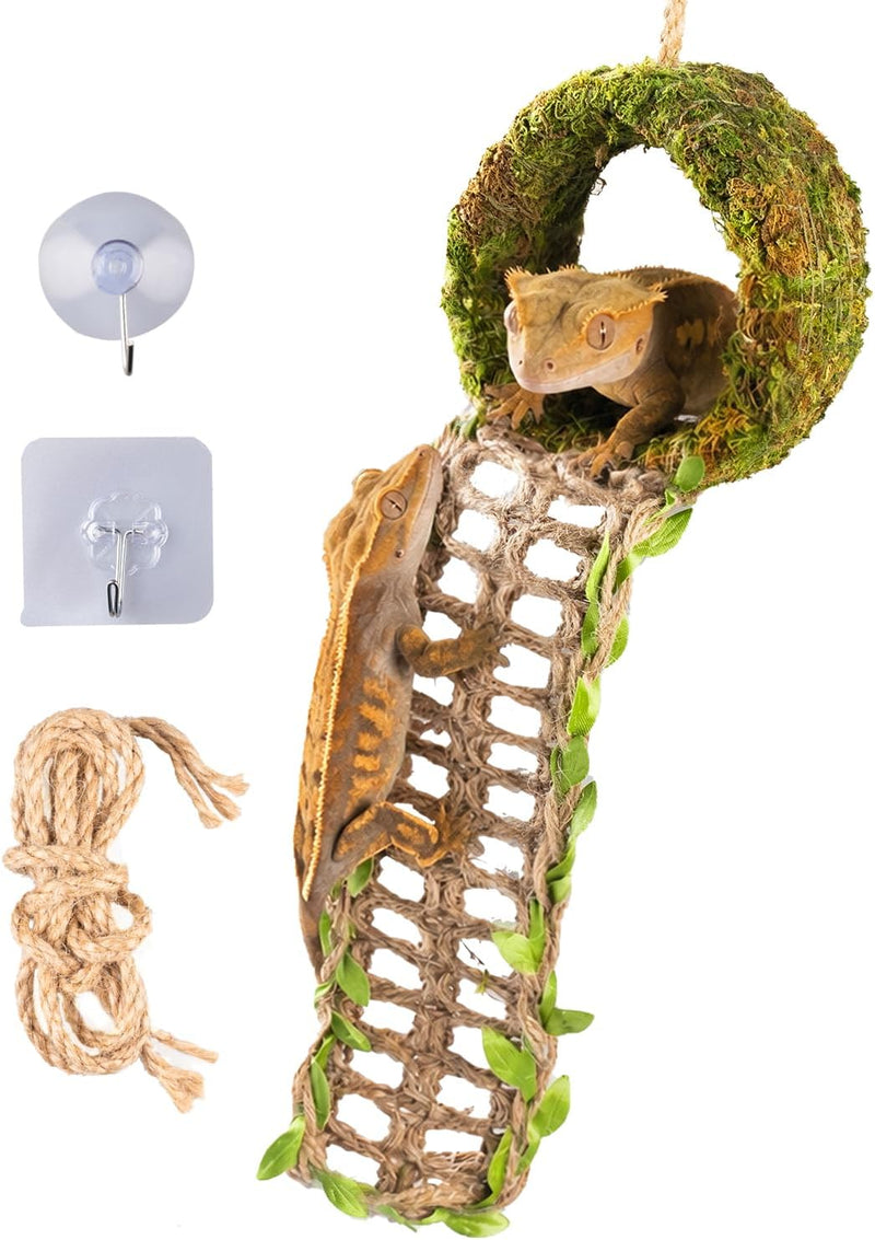 Crested Gecko Hide, Hanging Moss-Style Reptile Hideout with Rope Ladder, Crested Gecko Tank Accessories for Vertical Ter