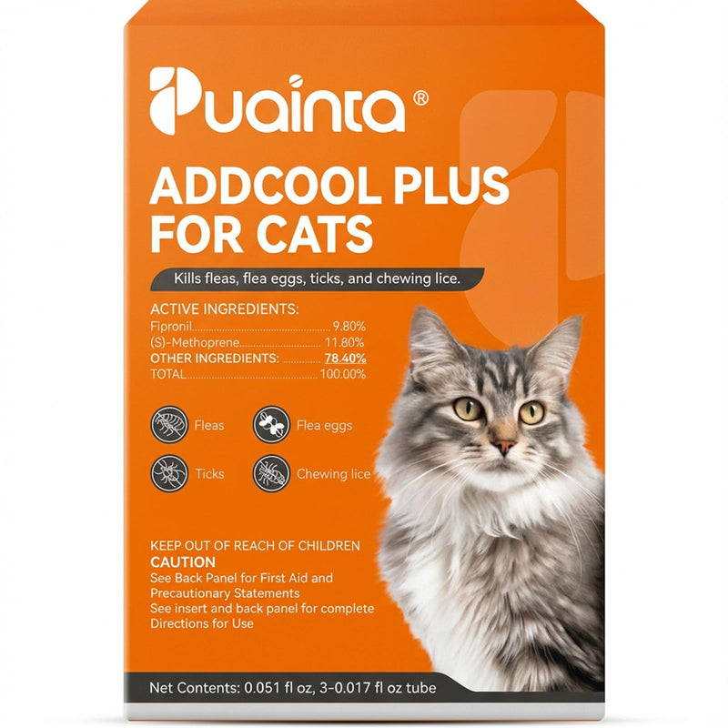 PUAINTA Addcool Plus Flea and Tick Prevention for Cats & Kittens, Professional Topical Treatment, 3 Monthly Doses, Fast-Acting Waterproof Cat Flea Drops