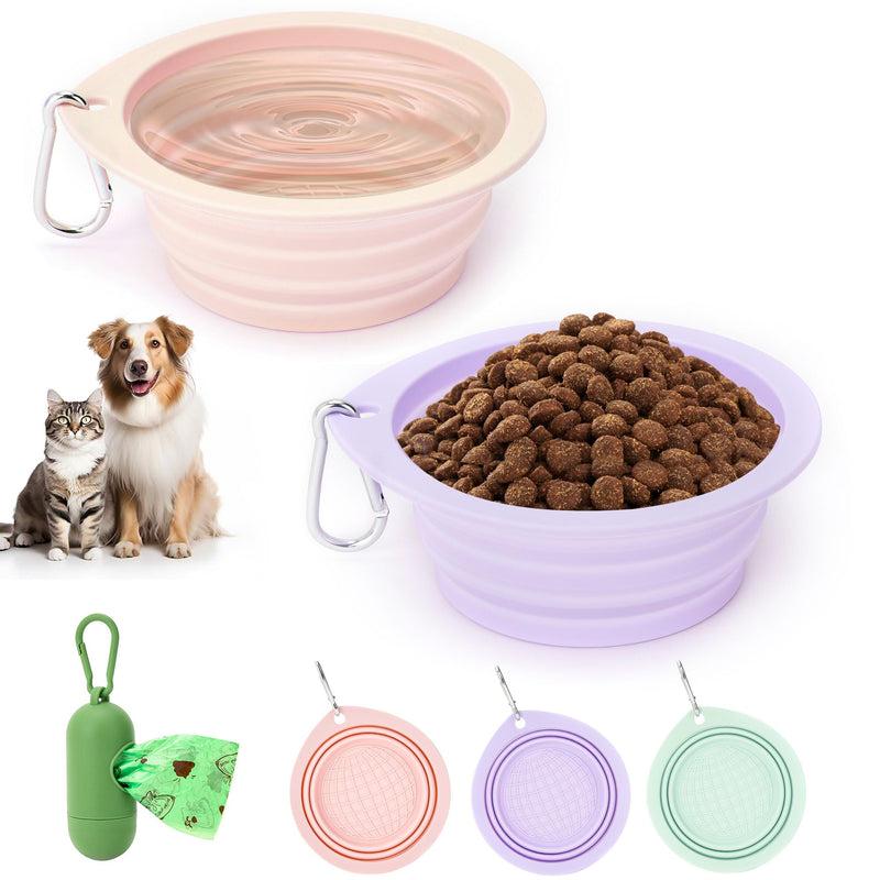 sonluk 3 Pack Collapsible Dog Bowls,Pet Bowls with Pet Poop Bag Dispenser Set,Portable Silicone Travel Dog Bowls for Walking,Hiking,Camping,Outdoor Travel(Pink&Purple)