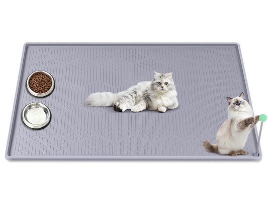 Bartuke Cat Food Mat with Toy Ball, 34'' x 22'' Extra Large Silicone Pet Feeding Mat with Raised Edge Pet Placemat for Food and Water Bowl Non-Slip, Easy to Clean, Floor Protection (Grey)