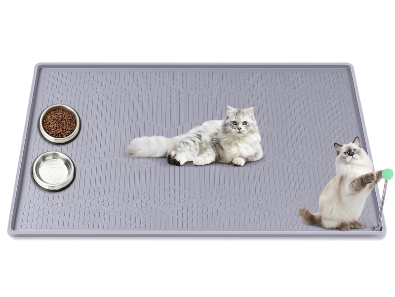 Bartuke Cat Food Mat with Toy Ball, 34'' x 22'' Extra Large Silicone Pet Feeding Mat with Raised Edge Pet Placemat for Food and Water Bowl Non-Slip, Easy to Clean, Floor Protection (Grey)