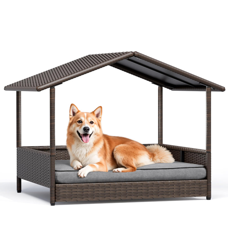 Greesum Wicker Dog House for Small/Medium Dogs, Outdoor Indoor Elevated Dog Shelter Dog Bed with Cushion, for Deck, Patio, Yard, Pool, Black House