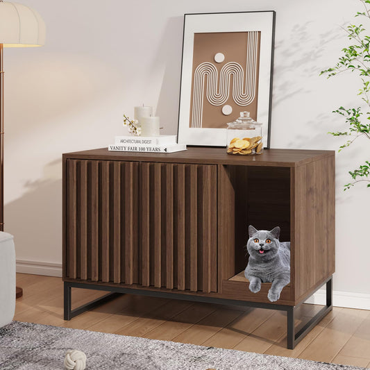 Halitaa Cat Litter Box Enclosure, Modern Hidden Litter Box Furniture with Scratch Pad, Indoor Cat Washroom House End Table, Entryway Bench for Livingroom (Walnut)