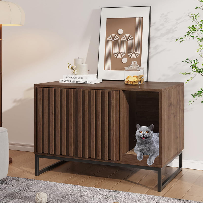 Halitaa Cat Litter Box Enclosure, Modern Hidden Litter Box Furniture with Scratch Pad, Indoor Cat Washroom House End Table, Entryway Bench for Livingroom (Walnut)