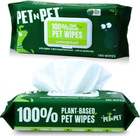 Pet N Pet 100% Plant Based Dog Wipes for Paws and Butt, 100 Counts Hypoallergenic Unscented Dog Pet Wipes, 8" x 8"