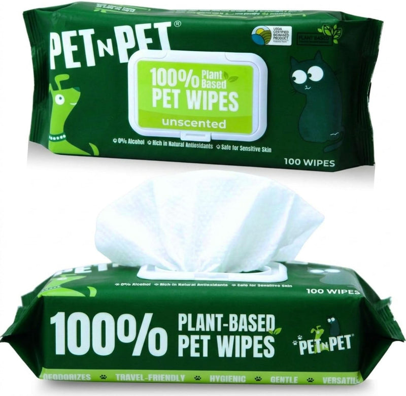 Pet N Pet 100% Plant Based Dog Wipes for Paws and Butt, 100 Counts Hypoallergenic Unscented Dog Pet Wipes, 8