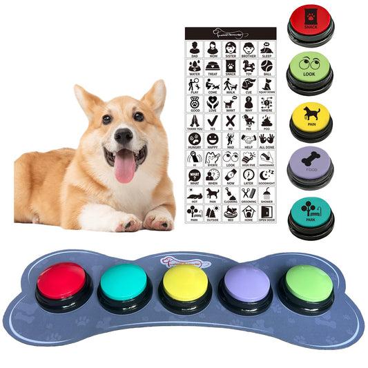 Set of 5 Color Dog Buttons With Rubber Mat for Communication, Voice Recording, Talking, Pet Training & Behavior Aids - Train Your Dog to Voice What They Want