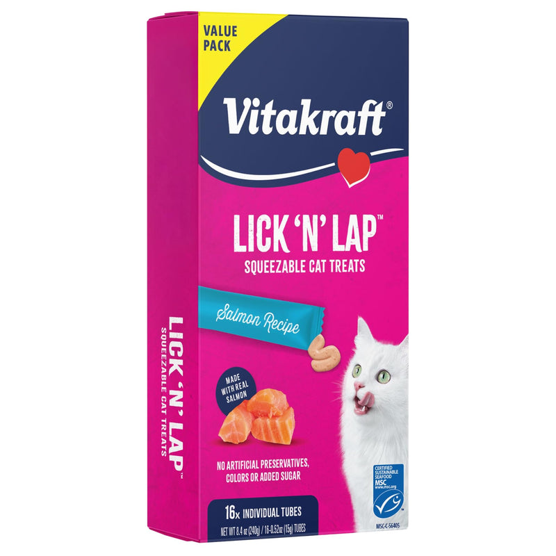 Vitakraft Lick 'N' Lap Real Salmon Squeezeable Liquid Cat Treats, Lickable, Salmon Broth #1 Ingredient, No Artificial Colors, Preservatives or Added Sugar, for Hydration, 0.52 oz. Tubes, 16 Count