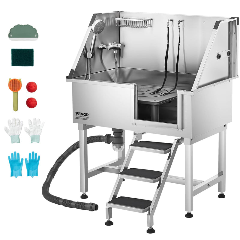 VEVOR 38 Inch Stainless Steel Dog Washing Station, Pet Grooming Tub with Hot & Cold Faucet, Showerhead, Home Wash Sink, Fits Small and Medium Cats and Dogs, Non-Slip Stairs (Right Door)