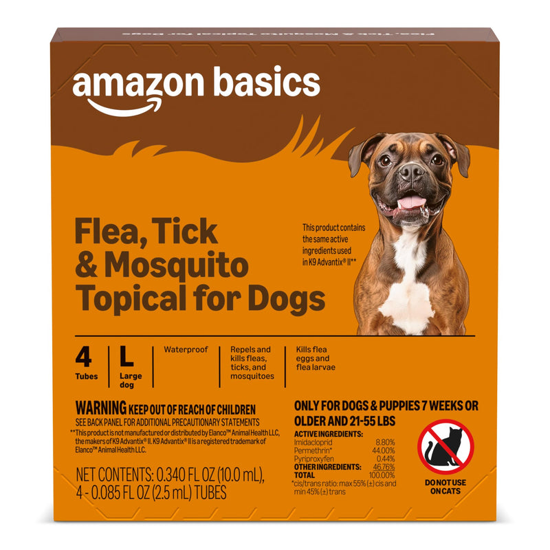 Amazon Basics Preventative Flea, Tick & Mosquito Topical Treatment for Large Dogs (21-55 Pounds), Kills Fleas, 4 Count, Packaging May Vary