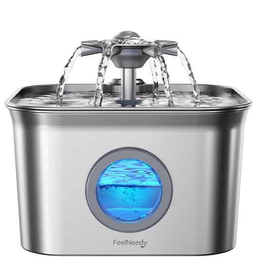 Stainless Steel Cat Water Fountain, 99oz/2.8L Auto Pet Drinking Fountain with 20dB Ultra-Quiet Pump- Ideal for Timid Pets, LED Water Level Window, Dishwasher Safe, 24/7 Circulating Flow - FEELNEEDY