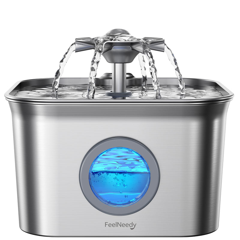 Stainless Steel Cat Water Fountain, 99oz/2.8L Auto Pet Drinking Fountain with 20dB Ultra-Quiet Pump- Ideal for Timid Pets, LED Water Level Window, Dishwasher Safe, 24/7 Circulating Flow - FEELNEEDY