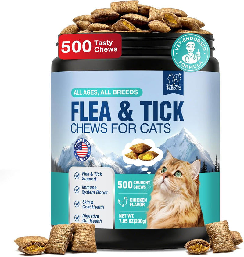 4-in-1 Oral Flea & Tick Treatment for Cats 500 Crunchy Creamy Chews Prevention Flea Immune Gut Skin & Coat Support Guard