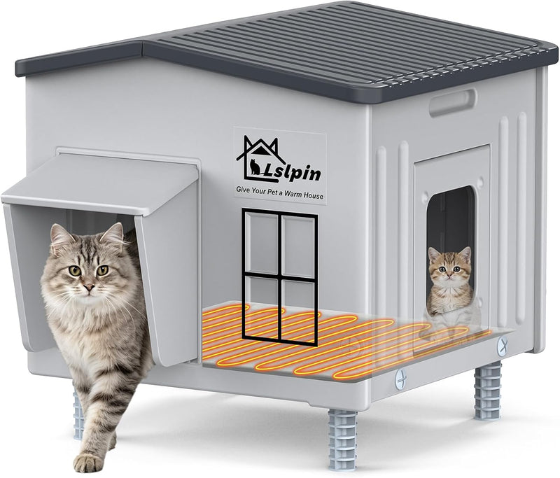 Indestructible Heated Cat House for Outside, 100% Waterproof & Weatherproof Heated Outdoor Cat House with Escape Door fo