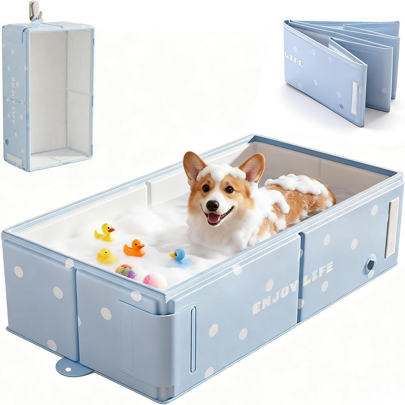 Collapsible Dog Bath Tub for Small Dogs & Cats, Portable Puppy Tub with Side Drain Outlet, Hanging Tab, Foldable Rigid-P