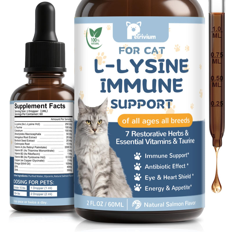L-Lysine Supplement for Cats - Vitamins & Taurine for Immune Support & Allergy Relief - Lysine for Respiratory, Sneezing, Runny Nose, Eye Function - Natural Cat Antibiotic Drops - 60ML Slamon Flavor