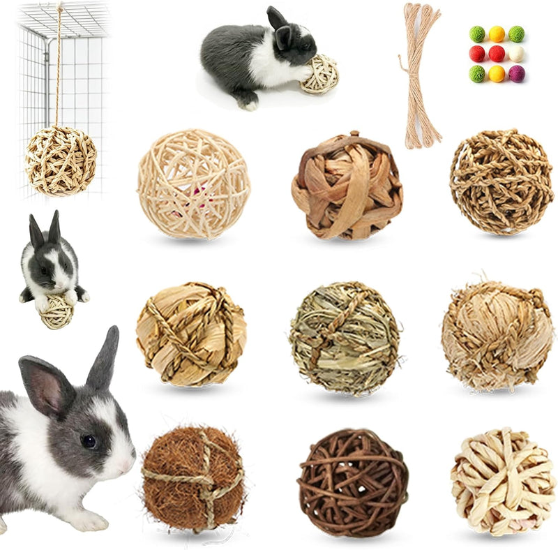 9PCS Bunny Chew Grass Balls with Rope, Rolling Molar Toys for Small Animals