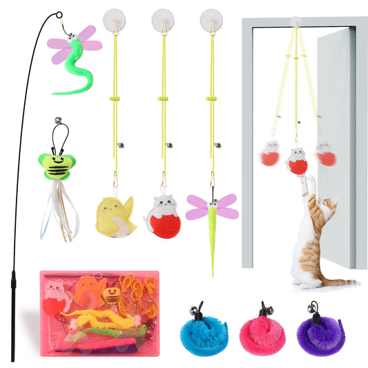Janbenty Interactive Cat Toys, 8 Assorted Teaser Refills, 3 Indoor Cat Hanging Toy and 1 Interactive Wand Suitable for Indoor Cats