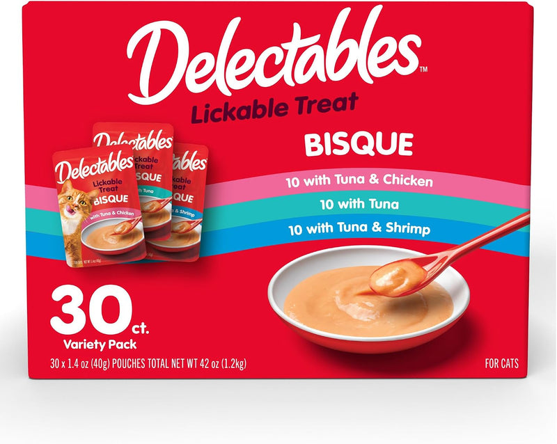 Delectables Lickable Treat Bisque Wet Cat Treat Variety Pack, Food Topper, Hydrating, Grain-Free, No Fillers, No By-Prod
