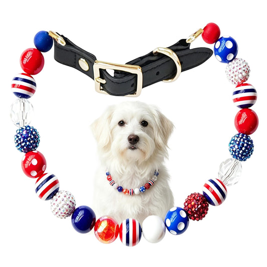 Adjustable Independence Day Beaded Dog Collar,20mm Red Blue White Patriotic Themed Beaded Dog Necklace,4th of July Decorations Pet Collar for Small/Large Pets, Daily Wear and Costume Parties