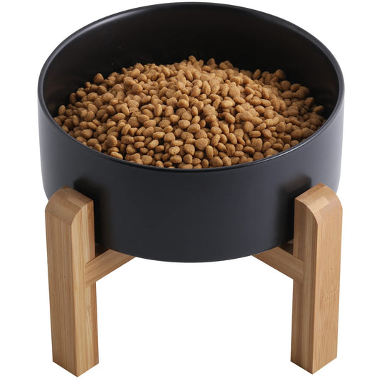 Addogyy Black Elevated/Raised Dog Bowl Ceramic with Wood Stand for Medium Large Breed,Dog Food Water Dish Heavy Weighted,8 in Non Slip Modern Cute Porcelain Pet Bowl Extra Large