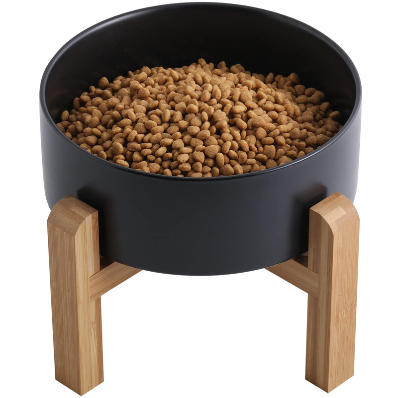 Addogyy Black Elevated/Raised Dog Bowl Ceramic with Wood Stand for Medium Large Breed,Dog Food Water Dish Heavy Weighted,8 in Non Slip Modern Cute Porcelain Pet Bowl Extra Large