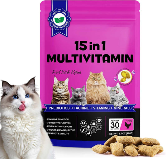 Cat Multivitamin Chews, 15-in-1 Multivitamin Cat Treats for Heart Health, Joint, Skin & Coat, Immune Digestive Support, 