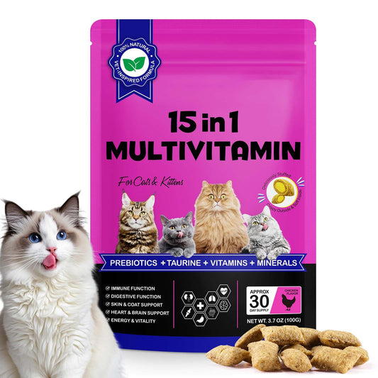 Cat 15-in-1 Multivitamin Chews,Cat Treats for Health+Immune, Joint Support,Skin & Coat, and Digestion-Omega, Taurine&Probiotics for Cats,Vitamin C+E for Cats,Chicken 100g (30-Day Supply)