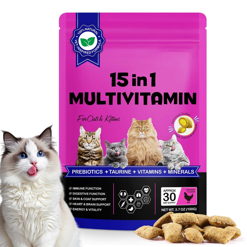 Cat 15-in-1 Multivitamin Chews,Cat Treats for Health+Immune, Joint Support,Skin & Coat, and Digestion-Omega, Taurine&Probiotics for Cats,Vitamin C+E for Cats,Chicken 100g (30-Day Supply)
