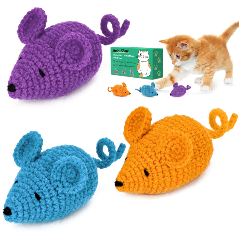 Retro Shaw Catnip Toys Crochet Mice Cat Toys, 3 Pcs Durable Yarn Cat Mouse Toys for Indoor Cats, Stuffed with Natural Catnip & Silvervine Blend, Handmade Interactive Kitten Chew Toy for Teeth Cleaning