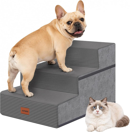 NAPWAYS Dog Stairs for Small Dogs, 13.5" H, 3-Step Pet Steps for Couch Sofa and Chair, Non-Slip Balanced Pet Ramp for Medium Cats,Indoor Dog Ladder, Grey