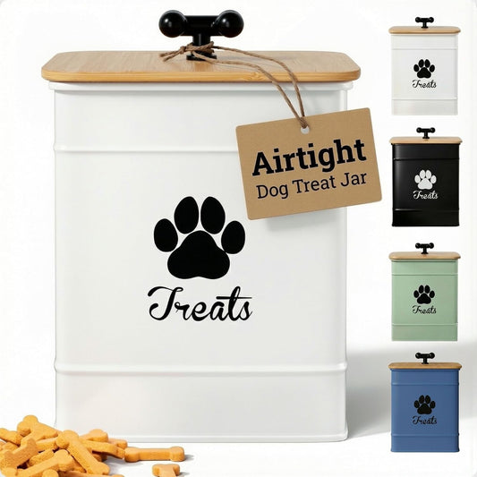 Dog Treat Container Airtight - 6 Inch Wide x 8 Inch Tall Iron Dog Treat Jar for Kitchen Counter with Airtight Bamboo Lid - 12 Cup Capacity Pet Treat Container - Doggie Cookie Jar - Big Treats Canister