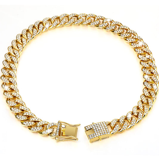 Tallew Gold Dog Chain Diamond Collar Walking Metal Chain Necklace with Secure Buckle Pet Cuban Style Collar Jewelry Accessories for Small Medium Large Dog Cats (10 inch)