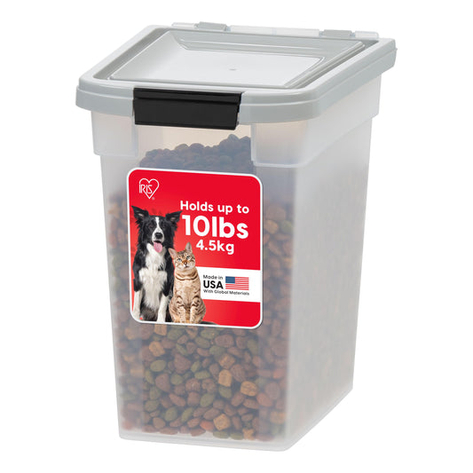 IRIS USA Airtight Dog Food Storage Container, WeatherPro, Up to 10 lbs, for Dog Cat Bird and Other Pet Food Storage Bin, Keep Fresh, Translucent Body, Made in USA, Clear/Gray